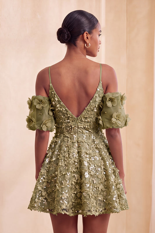 Olive Floral A-Line Cold Shoulder Puff Sleeves Short Corset Homecoming Dress