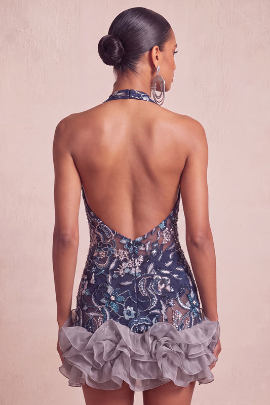 Floral Navy Tight Halter Beaded Sparkly Short Ruffled Homecoming Dress