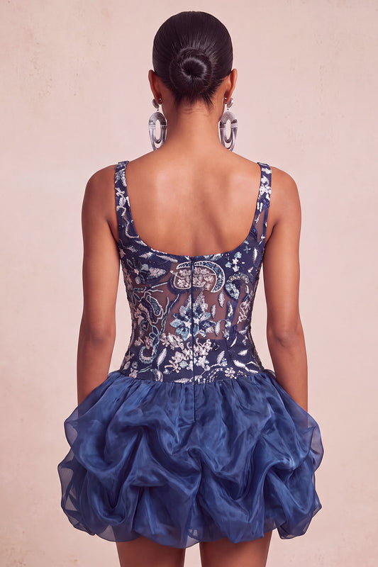 Navy Bubble A Line Floral Ruffled Beaded Sparkly Mini Homecoming Dress
