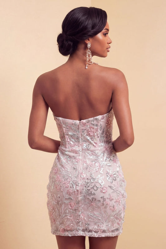 Blush Sparkly Corset Floral Tight Ruched Sequins Short Homecoming Dress