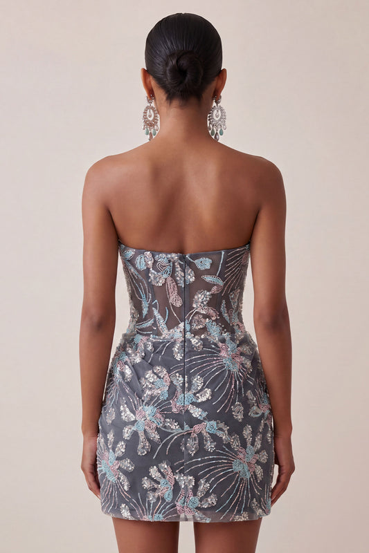 Dark Grey Corset Strapless Floral Sparkly Draped Tight Short Homecoming Dress