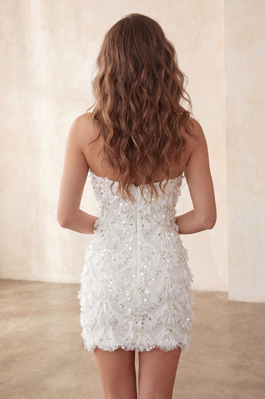 Sparkly Floral Ivory Sequin Sweetheart Short Tight Homecoming Dress
