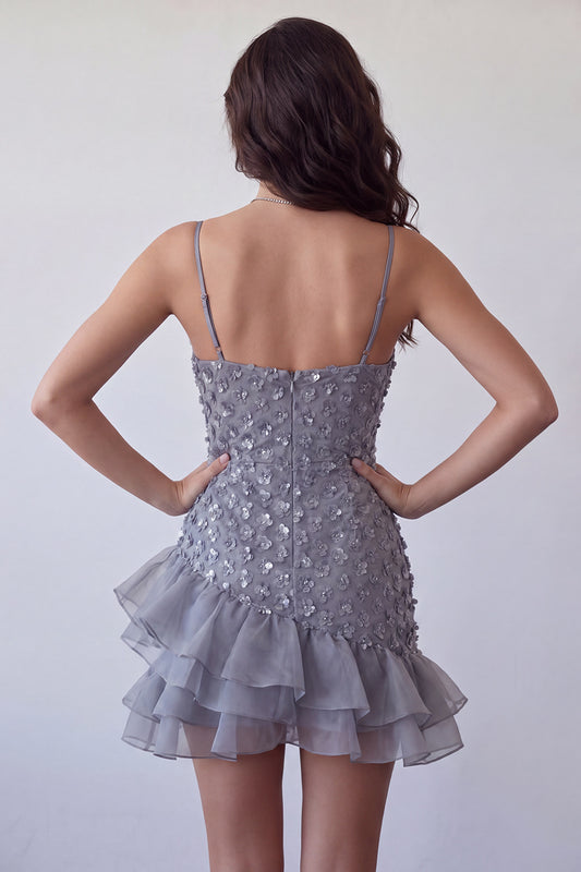 Floral Dusty Lavender Sequin Sparkly Tight Short Homecoming Dress with Ruffles