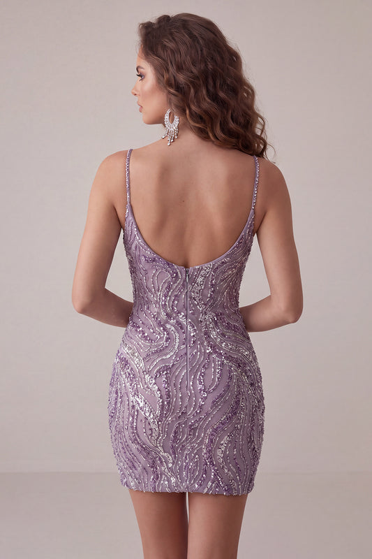 Sparkly Lilac Beaded Short Tight Homecoming Dress