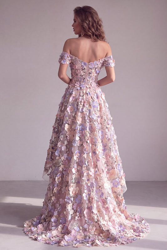 A Line Pink Floral Corset Off the Shoulder Long Formal Dress