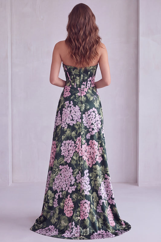 Dark Green Floral Corset Strapless Long Formal Dress with Slit
