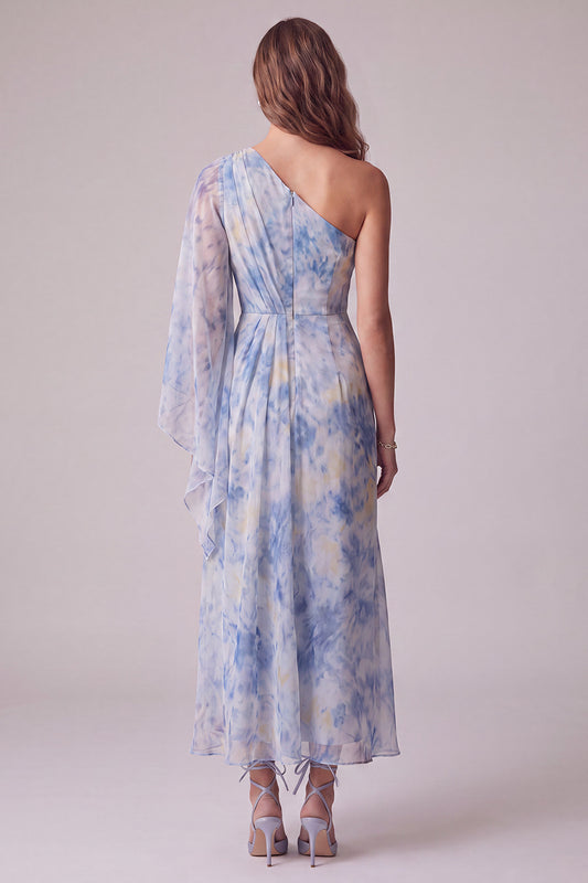 Sheath Dusty Blue Floral One Shoulder Maxi Formal Dress with Sleeve