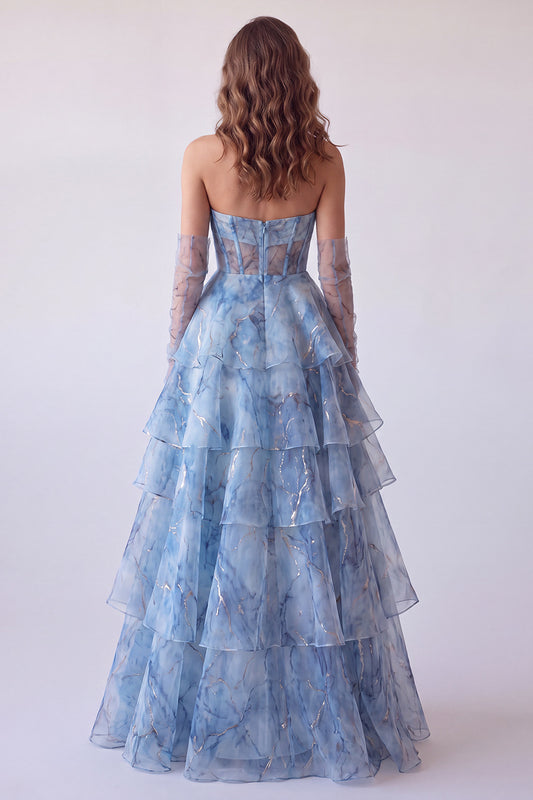 A Line Dusty Blue Corset Tiered Ruffled Long Formal Dress