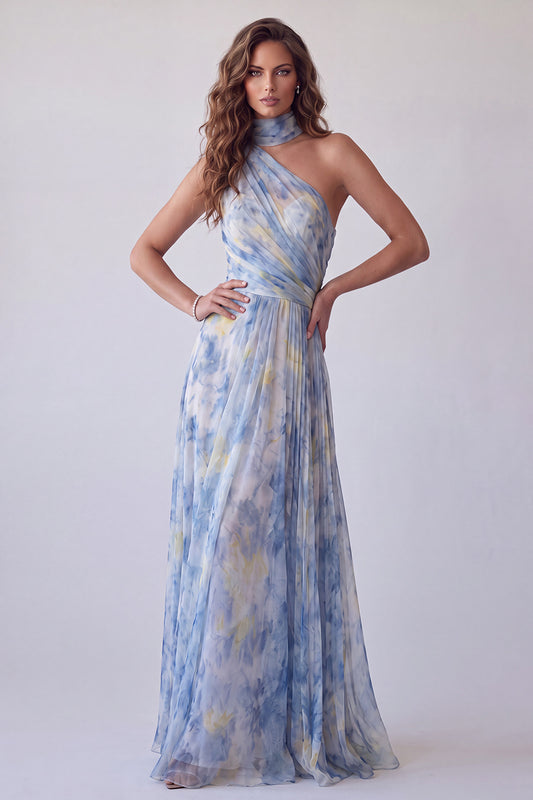 Floral Dusty Blue One Shoulder Pleated Long Formal Dress