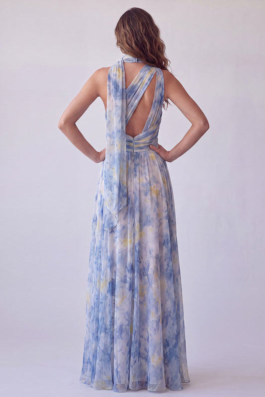 Floral Dusty Blue One Shoulder Pleated Long Formal Dress