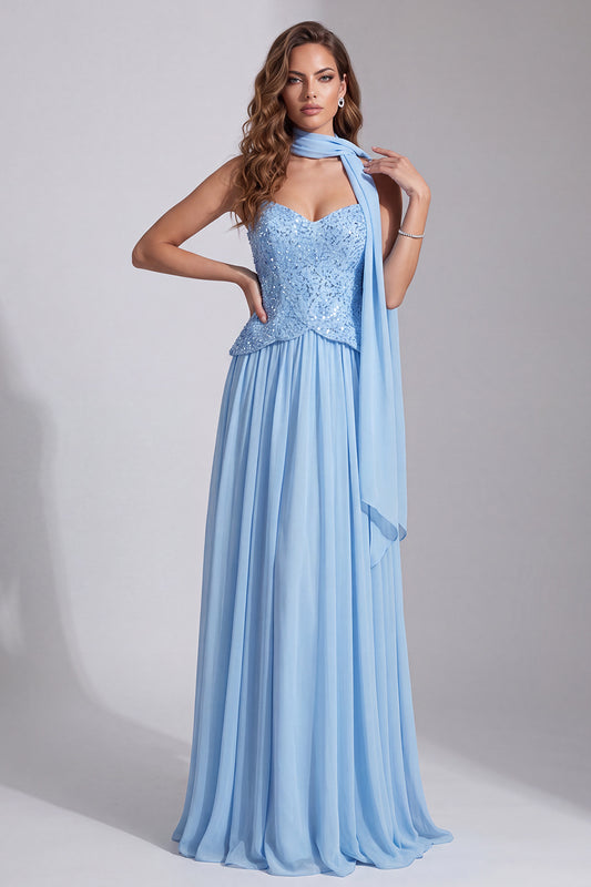 Sky Blue A Line Sequin Sparkly Long Formal Dress with Neck Scarf
