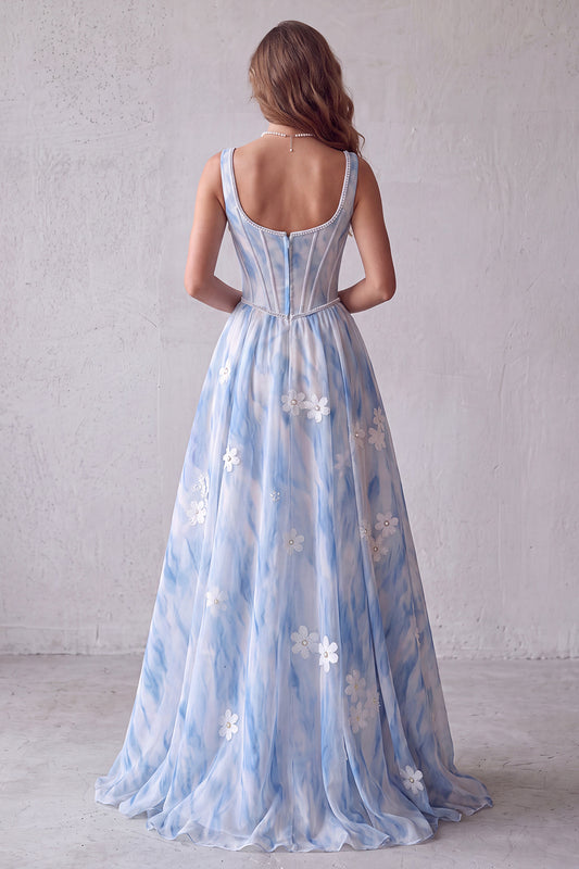 Light Blue Floral A Line Corset Beaded Long Formal Dress