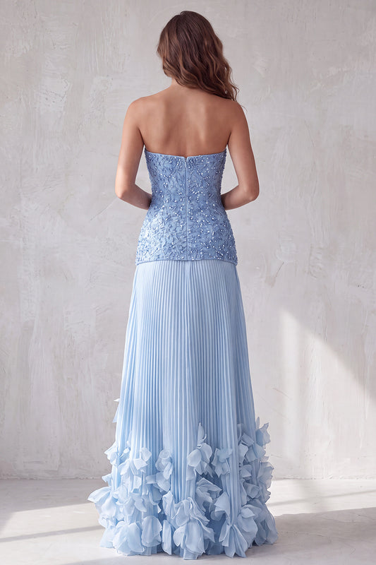 Blue A Line Pleated Sequin Sparkly Long Formal Dress with 3D Flowers