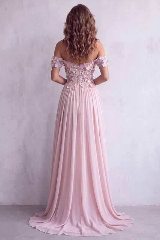 A Line Light Pink Floral Corset Chiffon Long Formal Dress