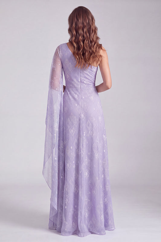Lilac One Shoulder Sparkly Beaded Long Formal Dress with Side Cape