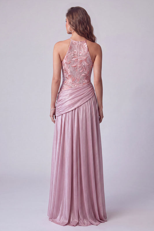 Floral Pink A Line Halter Sequin Draped Long Formal Dress