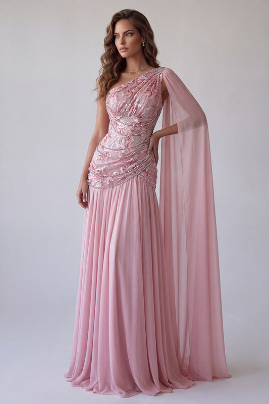 One Shoulder Pink A Line Floral Beaded Long Formal Dress with Side Cape