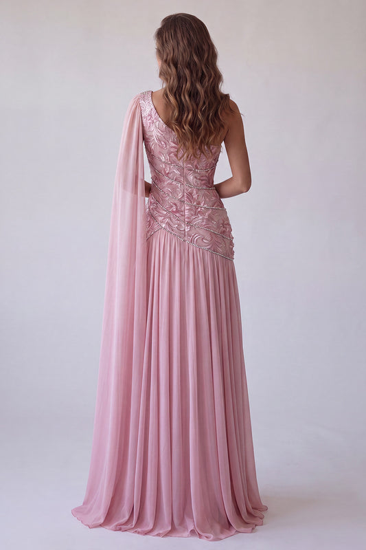 One Shoulder Pink A Line Floral Beaded Long Formal Dress with Side Cape