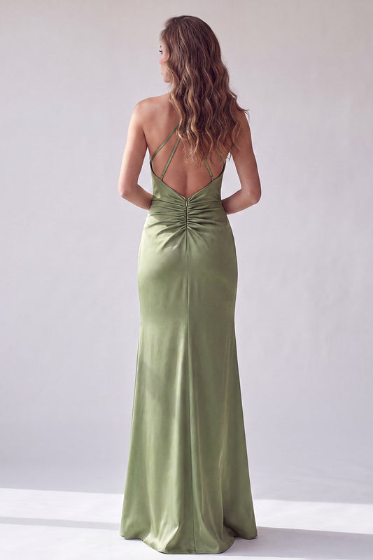 Green Satin Mermaid Halter Simple Ruched Long Formal Dress