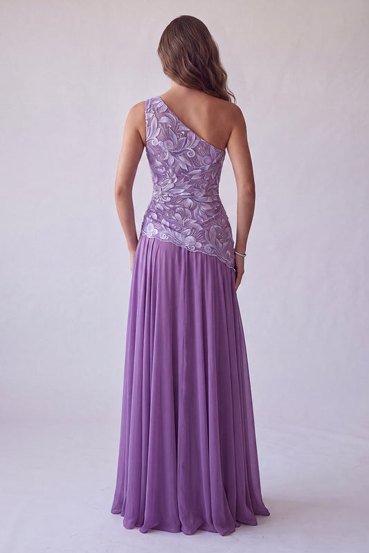 Floral Purple A Line One Shoulder Long Formal Dress