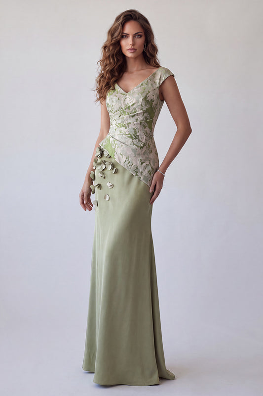 Light Green Floral Mermaid V-Neck Ruched Long Formal Dress