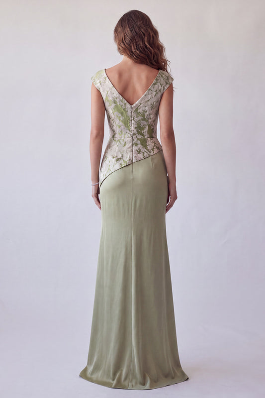 Light Green Floral Mermaid V-Neck Ruched Long Formal Dress