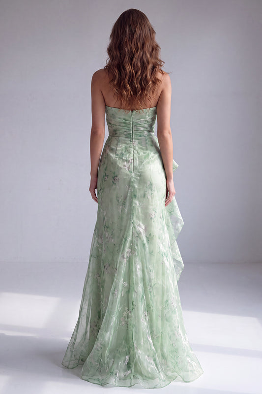 Green Floral Mermaid Ruffled Strapless Long Formal Dress