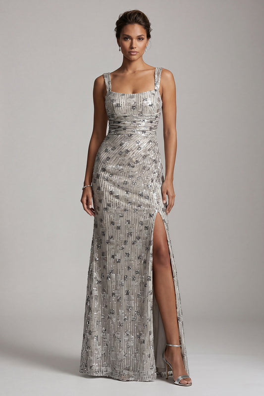 Sparkly Silver Sheath Square Neck Ruched Long Mother of the Bride Dress with Slit