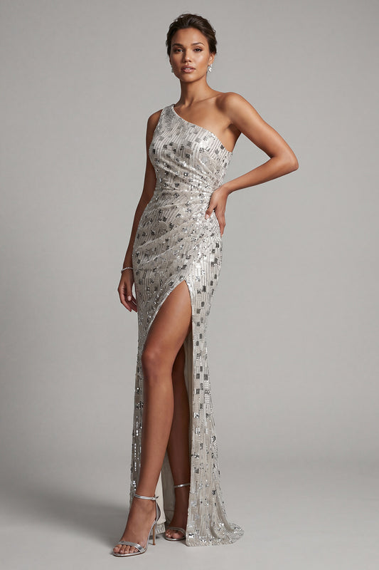 Sparkly Silver One Shoulder Ruched Long Mother of the Bride Dress with Slit