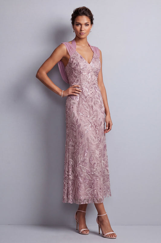 Sparkly Vintage Mauve Sheath Halter Beaded Midi Floral Mother of the Bride Dress