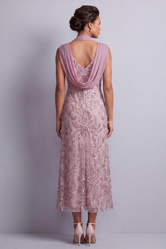Sparkly Vintage Mauve Sheath Halter Beaded Midi Floral Mother of the Bride Dress