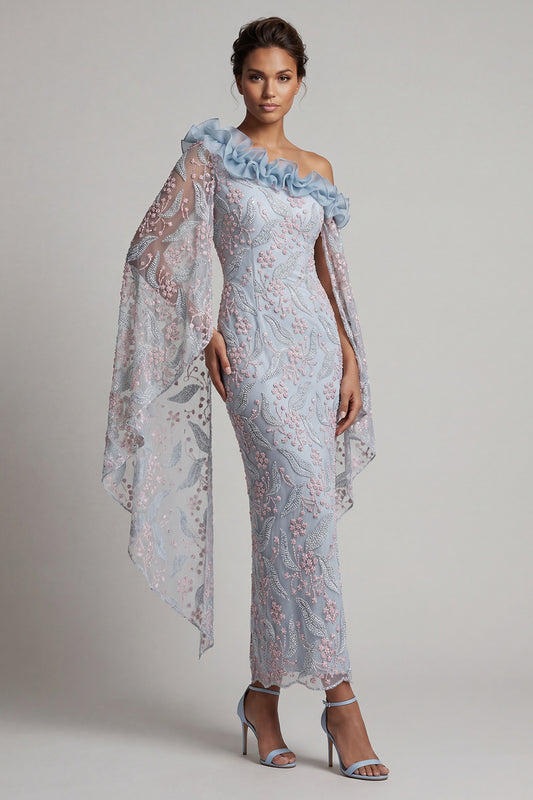 Dusty Blue Sheath One Shoulder Floral Long Mother of the Bride Dress