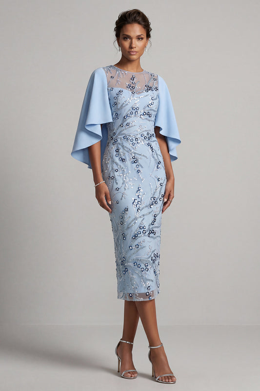 Sky Blue Floral Bodycon Beaded Midi Mother of the Bride Dress with Cape