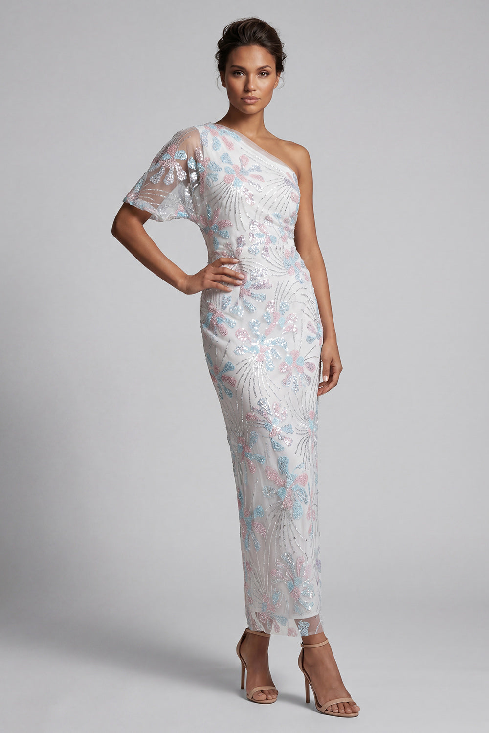 Zapakasa Women White Long Floral Mother of the Bride Dress One Shoulder Sheath Flutter Sleeves Sequin Mother of the Groom Dress