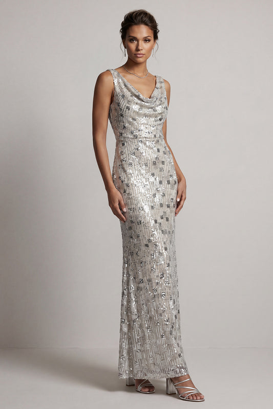 Sparkly Silver Sheath Cowl Neck Sequins Long Mother of the Bride Dress