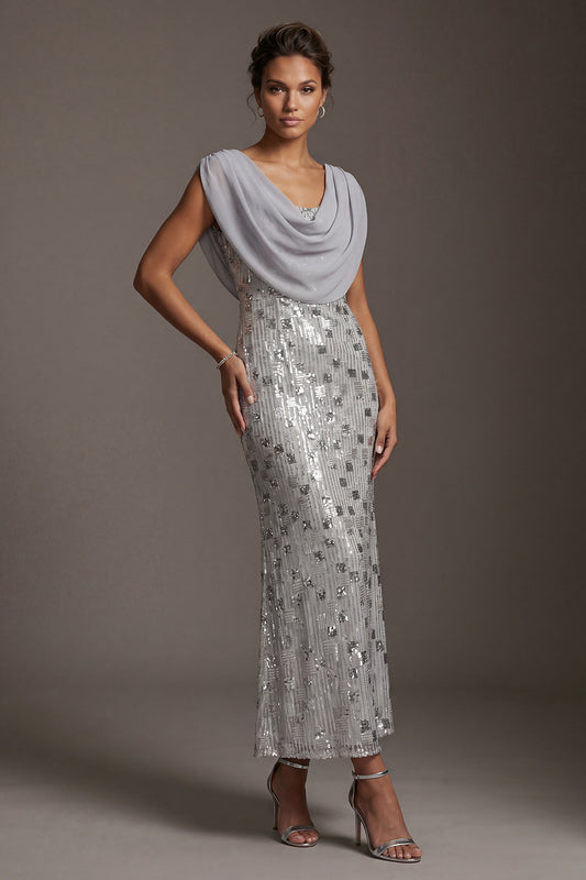 Sparkly Silver Mermaid Cowl Neck Sequins Long Mother of the Bride Dress