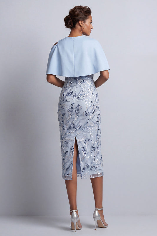 Sky Blue Sheath Round Neck Floral Midi Mother of the Bride Dress with Pocket
