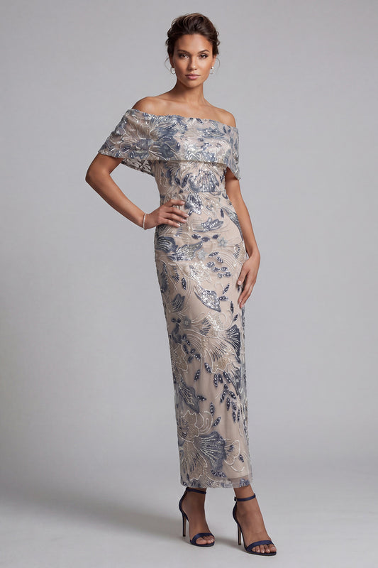 Navy Floral Sheath Off the Shoulder Maxi Mother of the Bride Dress