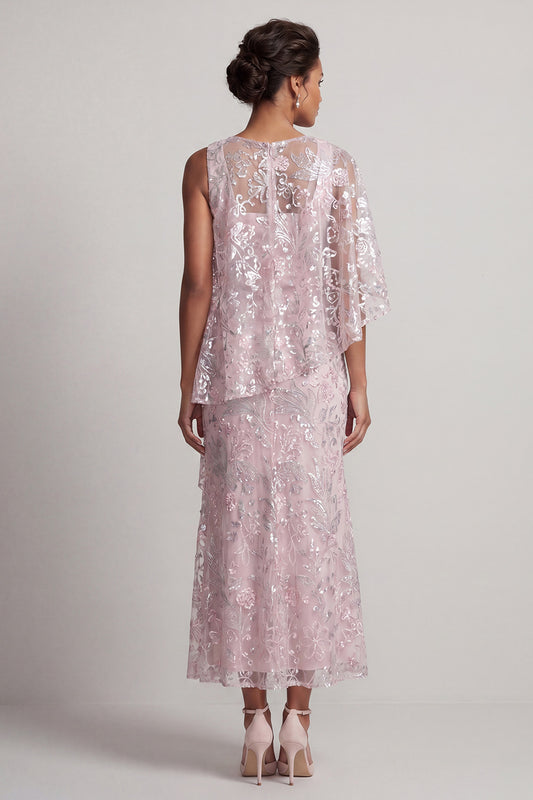 Pink Floral Sheath Asymmetrical Neck Maxi Mother of the Bride Dress