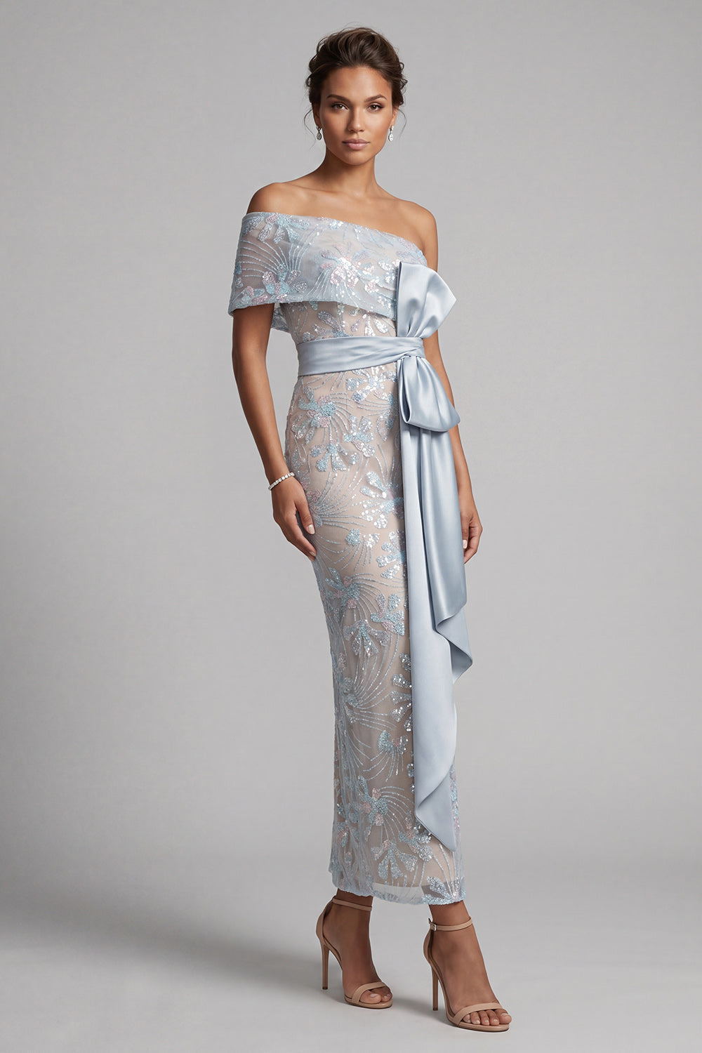 dusty blue mother of the bride dresses ZAPAKA Women Queen Anne Dress Lace Appliqued A Line Long Sleeves Wedding Guest Dress, Grey Blue / US10 Perfect for any formal occasion Dusty Blue Short Mother of