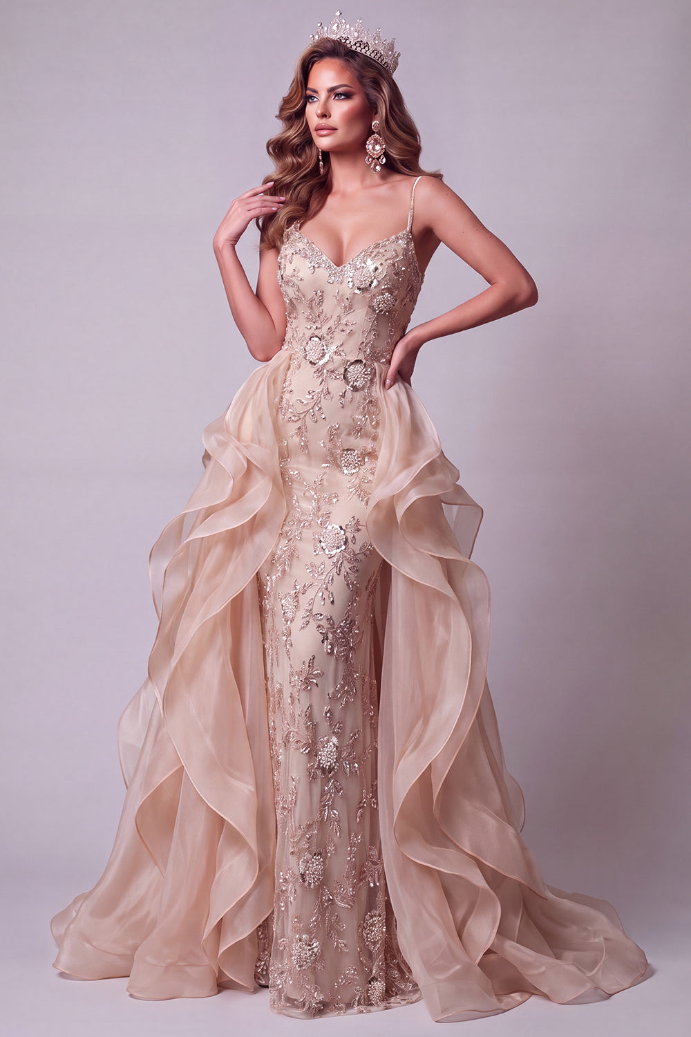 Champagne Floral Mermaid Beaded Sparkly Long Pageant Dress with Cape