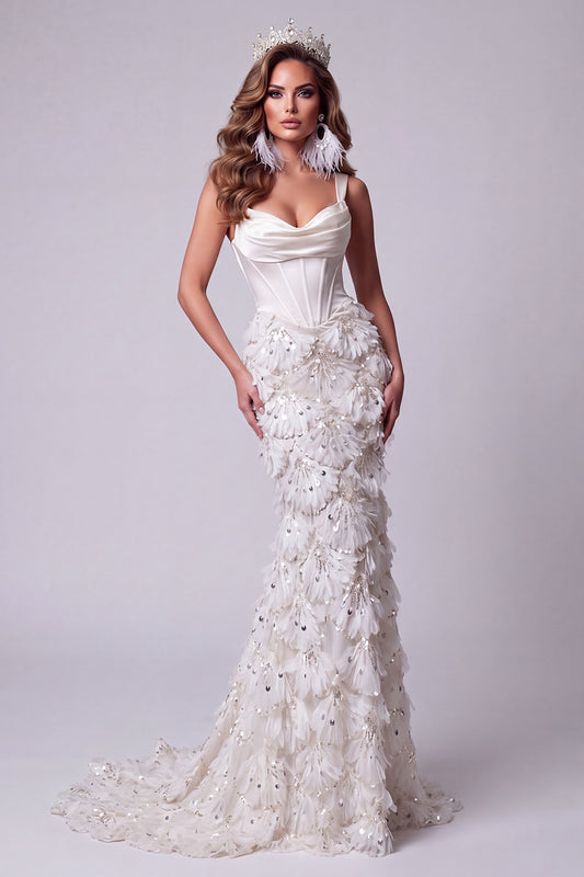 Ivory Corset Floral Mermaid Sequin Sparkly Long Pageant Dress