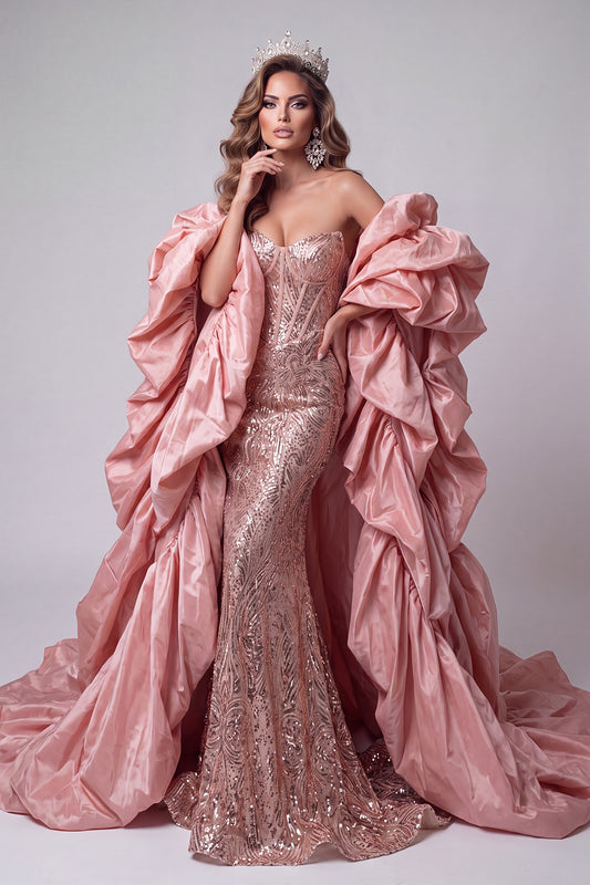 Pink Corset Mermaid Sparkly Sequin Long Pageant Dress with Cape