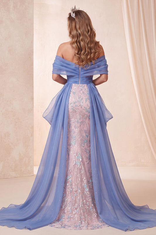 Floral Blue and Pink Sparkly Mermaid Beaded Long Pageant Dress with Cape