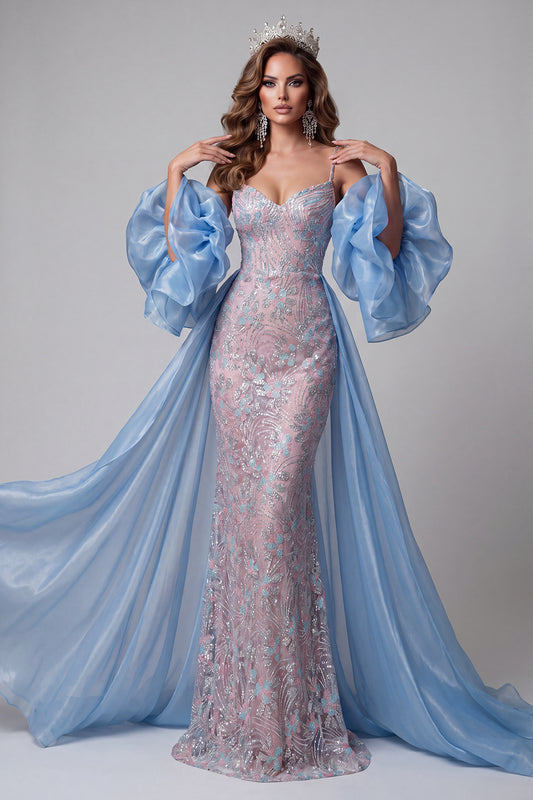 Blue and Pink Floral Sparkly Mermaid Long Pageant Dress with Cape