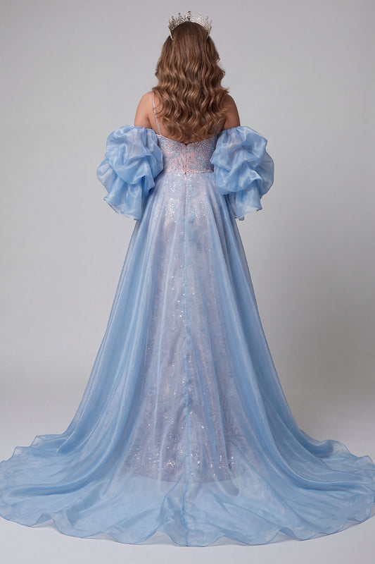 Blue and Pink Floral Sparkly Mermaid Long Pageant Dress with Cape