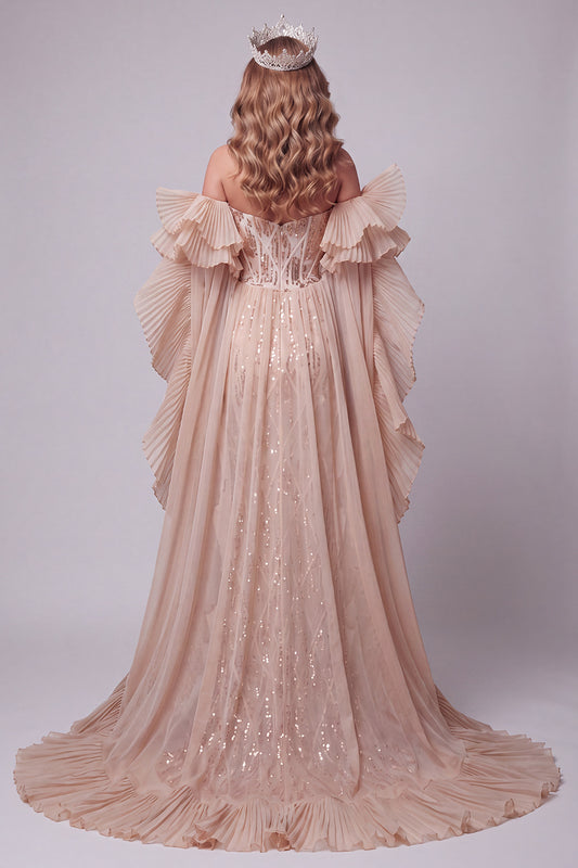 Champagne Sparkly Sequin Long Mermaid Pageant Dress with Cape