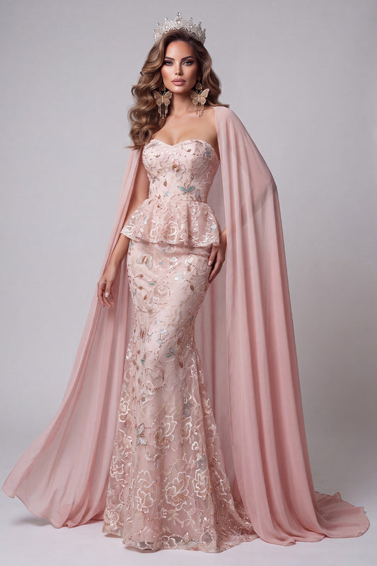 Blush Floral Sequin Mermaid Sparkly Long Pageant Dress with Cape