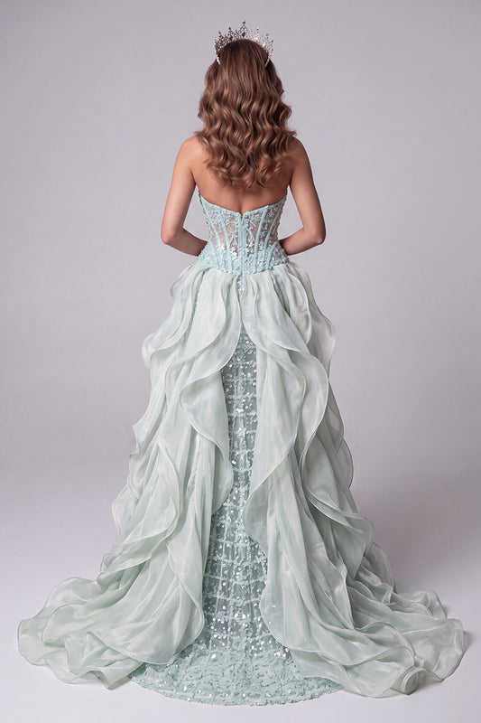 Mint Green Corset Sparkly Sequin Long Mermaid Pageant Dress with Cape