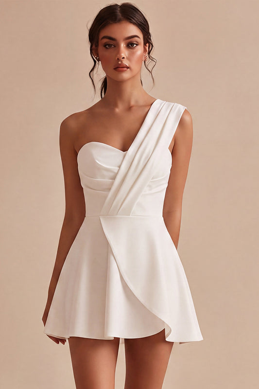 White One Shoulder Ruched A Line Mini Graduation Dress